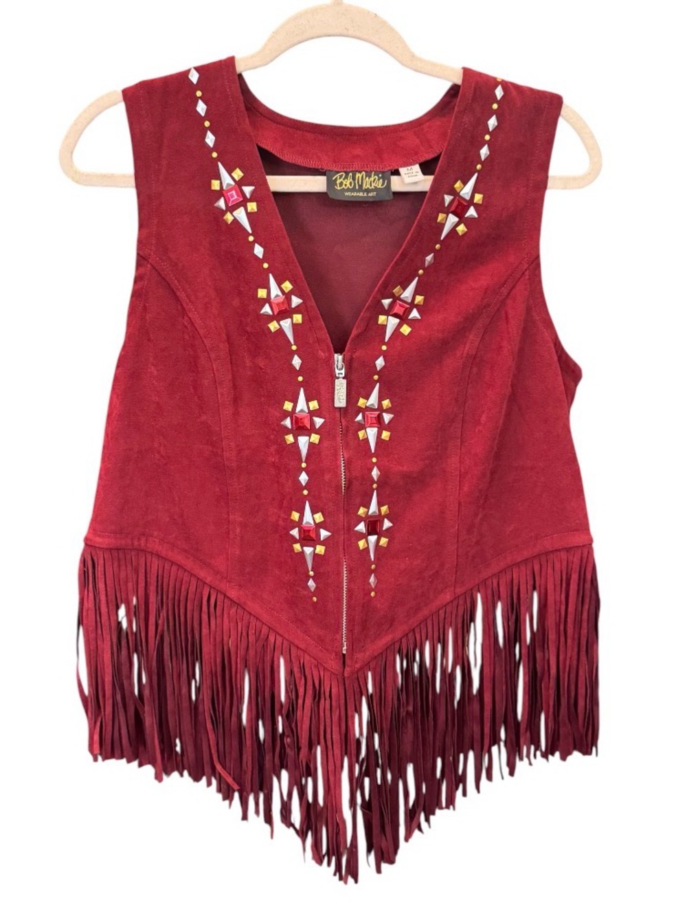 Bob Mackie Wearable Art Burgundy Fringe Vest with Beaded Geometric Trim M